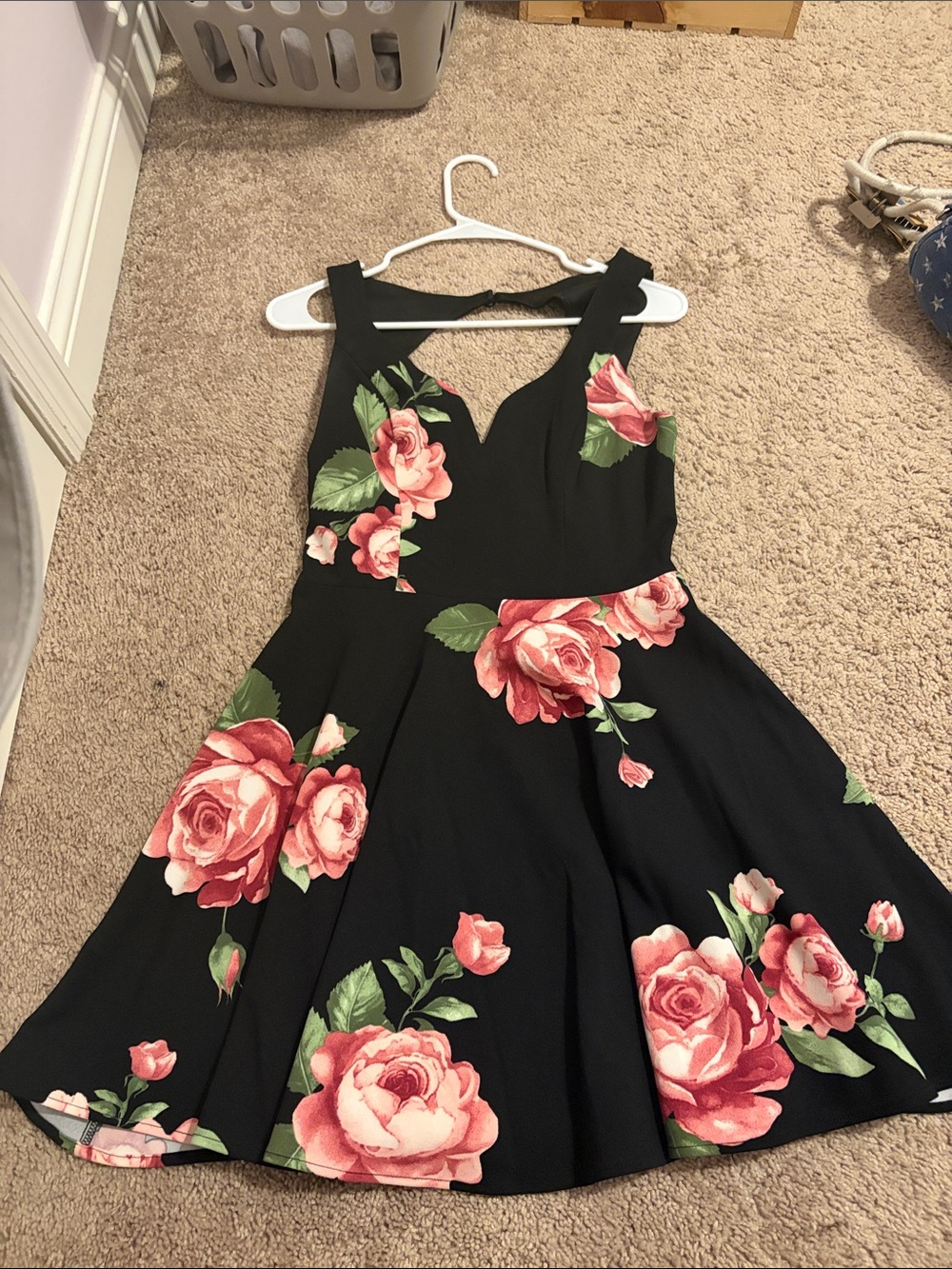 B. Smart Black Dress with Pink Rose Print